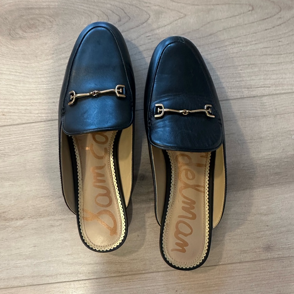 Sam Edelman Mule Slide Black Leather Loafers with Gold Buckle